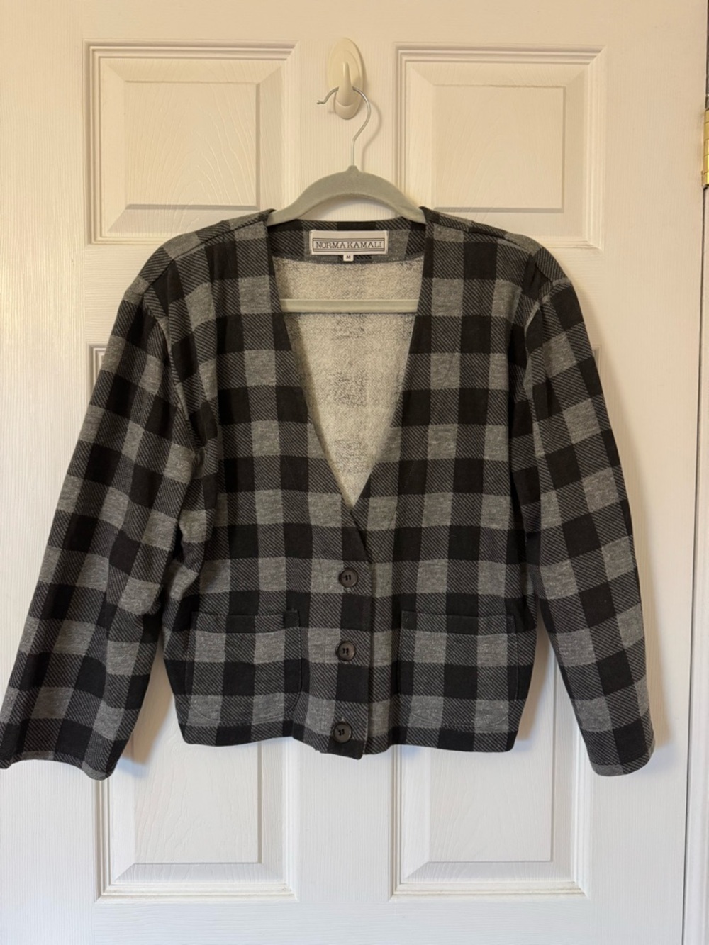 Norma Kamali Black and Gray Plaid Cardigan